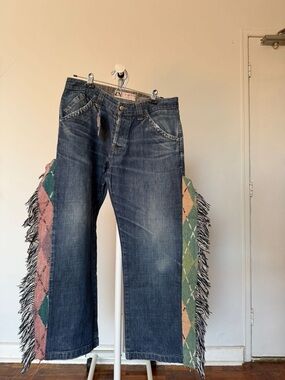 Pokemon Men's Blue Denim Jeans with Pink & Green Fringe Panels